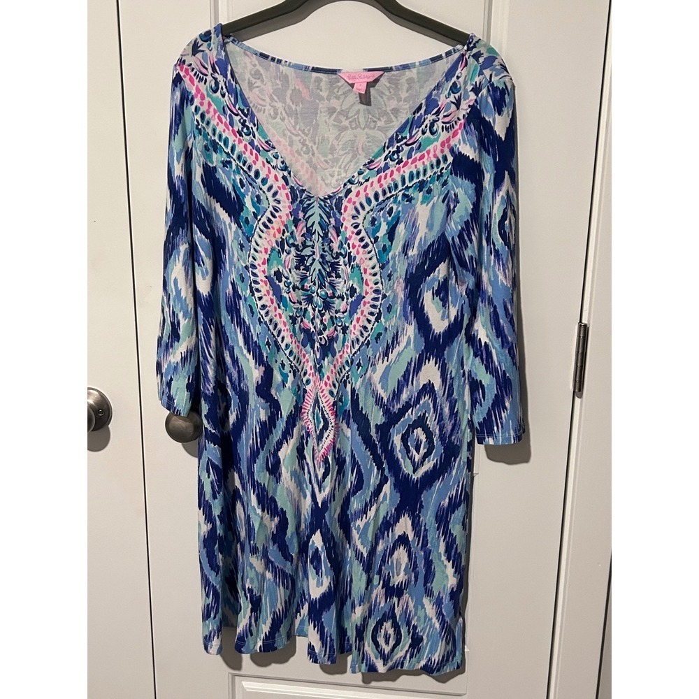 Lilly Pulitzer Women's Dress Blue Multicolor Print 3/4 Sleeve Casual S